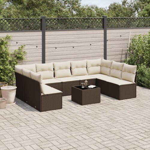 vidaXL 10-dijelni set vrtnih sofa od poliratana s jastucima smeđi