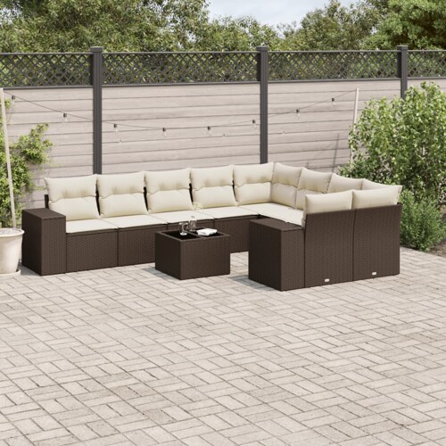 vidaXL 10-dijelni set vrtnih sofa od poliratana s jastucima smeđi