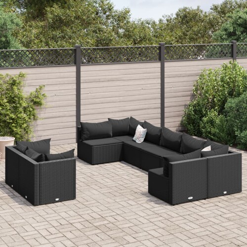 vidaXL 9-dijelni set vrtnih sofa s jastucima crni od poliratana