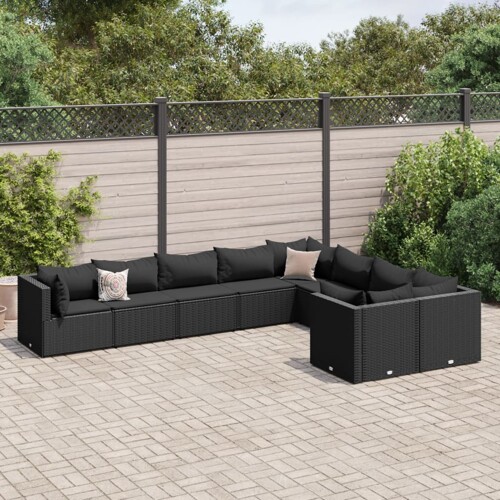 vidaXL 9-dijelni set vrtnih sofa s jastucima crni od poliratana