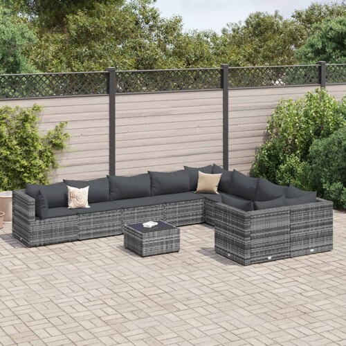 vidaXL 10-dijelni set vrtnih sofa od poliratana s jastucima sivi