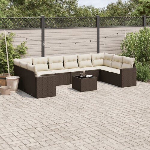 vidaXL 11-dijelni set vrtnih sofa od poliratana s jastucima smeđi