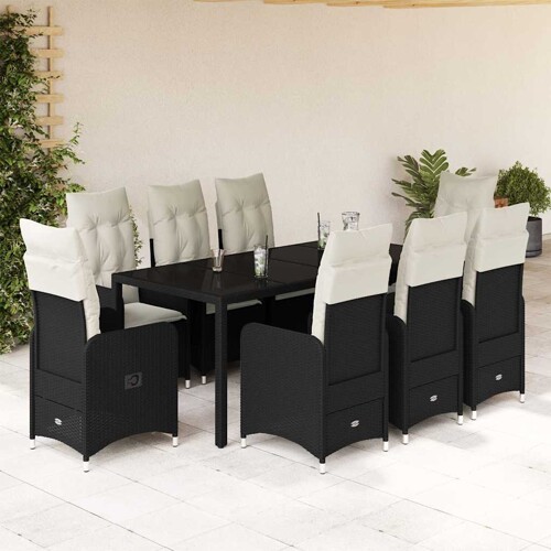 vidaXL 9-dijelni vrtni bistro set od poliratana s jastucima crni