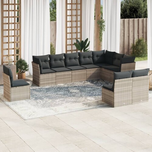 vidaXL 10-dijelni set vrtnih sofa poliratan s jastucima svijetlosivi