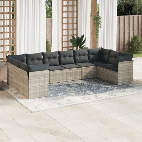vidaXL 10-dijelni set vrtnih sofa poliratan s jastucima svijetlosivi