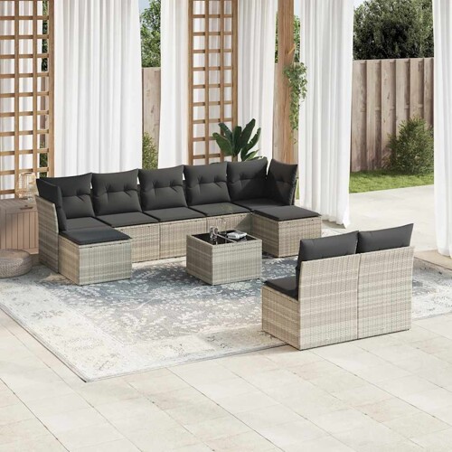 vidaXL 10-dijelni set vrtnih sofa poliratan s jastucima svijetlosivi