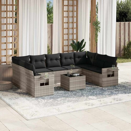 vidaXL 10-dijelni set vrtnih sofa poliratan s jastucima svijetlosivi