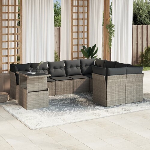 vidaXL 10-dijelni set vrtnih sofa poliratan s jastucima svijetlosivi