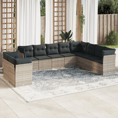 vidaXL 10-dijelni set vrtnih sofa poliratan s jastucima svijetlosivi