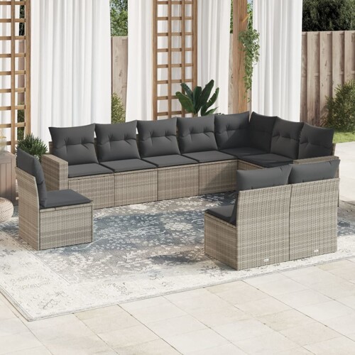 vidaXL 10-dijelni set vrtnih sofa poliratan s jastucima svijetlosivi