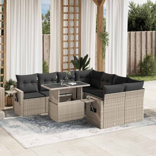 vidaXL 9-dijelni set vrtnih sofa od poliratana s jastucima svjetlosivi