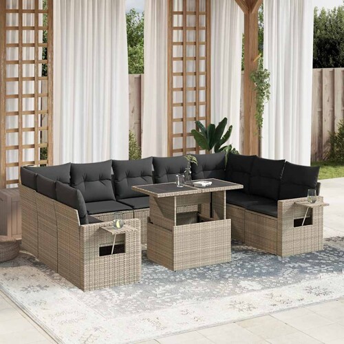 vidaXL 10-dijelni set vrtnih sofa poliratan s jastucima svijetlosivi