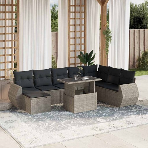 vidaXL 9-dijelni set vrtnih sofa od poliratana s jastucima svjetlosivi