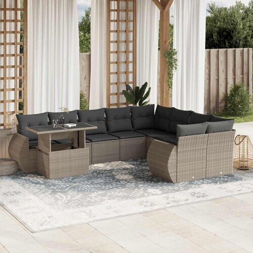 vidaXL 10-dijelni set vrtnih sofa poliratan s jastucima svijetlosivi