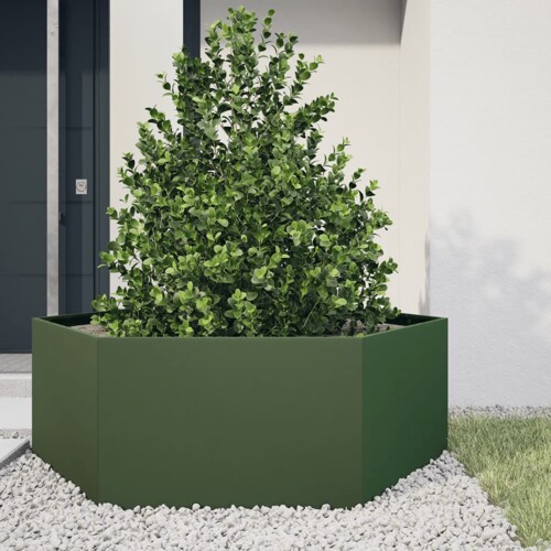vidaXL Vrtna sadilica maslinastozelena šesterokutna 138x120x45cm čelik