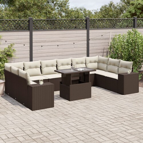 vidaXL 11-dijelni set vrtnih sofa od poliratana s jastucima smeđi