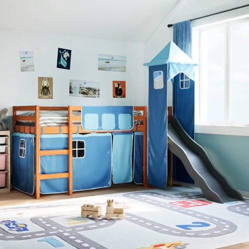 vidaXL Dječji krevet na kat s tornjem plavi 90x190 cm masivna borovina