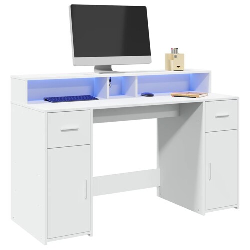 vidaXL Radni stol s LED svjetlima bijeli 140 x 55 x 91 cm drveni