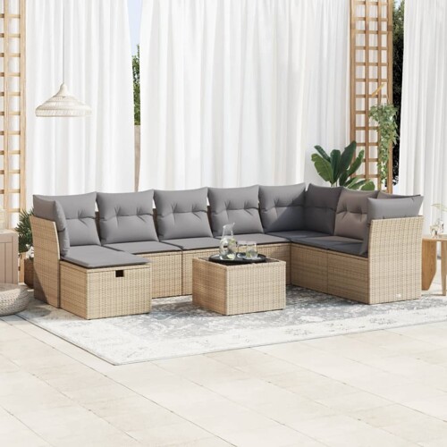 vidaXL 9-dijelni set vrtnih sofa s jastucima bež od poliratana