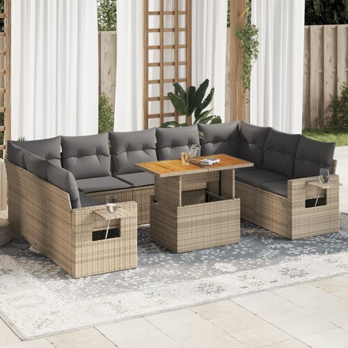 vidaXL 10-dijelni set vrtnih sofa s jastucima bež od poliratana