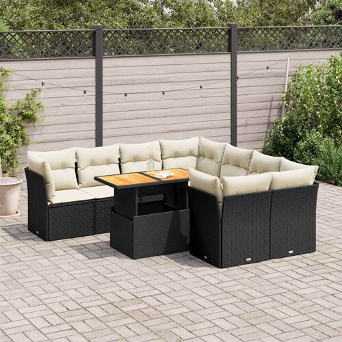 vidaXL 9-dijelni set vrtnih sofa s jastucima crni od poliratana