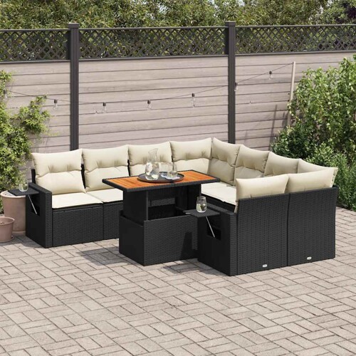vidaXL 9-dijelni set vrtnih sofa s jastucima crni od poliratana