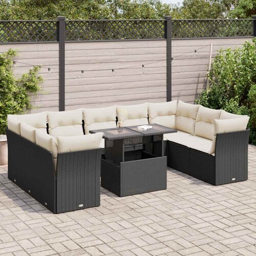vidaXL 10-dijelni set vrtnih sofa s jastucima crni od poliratana