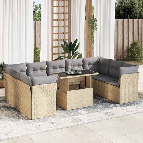vidaXL 10-dijelni set vrtnih sofa s jastucima bež od poliratana