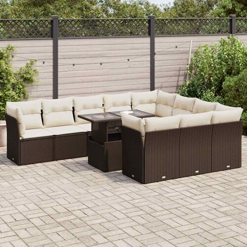 vidaXL 11-dijelni set vrtnih sofa od poliratana s jastucima smeđi