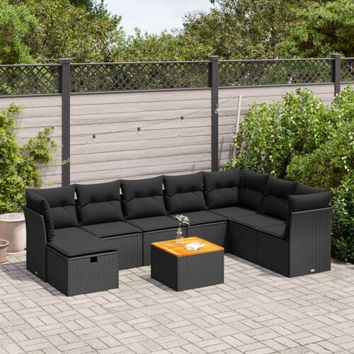 vidaXL 9-dijelni set vrtnih sofa s jastucima crni od poliratana