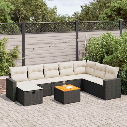 vidaXL 9-dijelni set vrtnih sofa s jastucima crni od poliratana