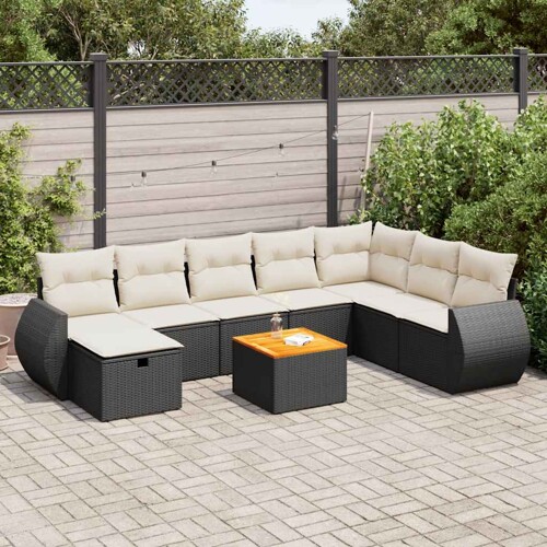 vidaXL 9-dijelni set vrtnih sofa s jastucima crni od poliratana