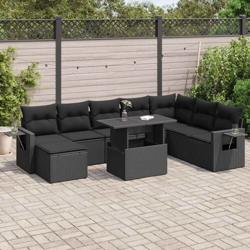 vidaXL 9-dijelni set vrtnih sofa s jastucima crni od poliratana