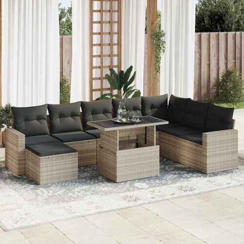 vidaXL 9-dijelni set vrtnih sofa od poliratana s jastucima svjetlosivi