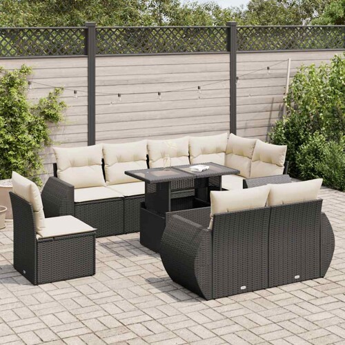 vidaXL 9-dijelni set vrtnih sofa s jastucima crni od poliratana