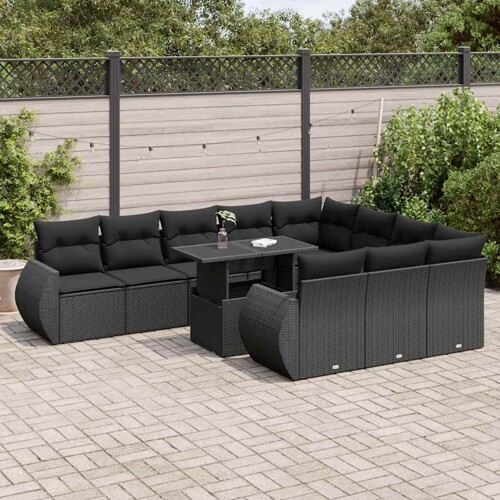 vidaXL 11-dijelni set vrtnih sofa od poliratana s jastucima crni