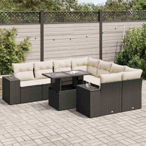 vidaXL 9-dijelni set vrtnih sofa s jastucima crni od poliratana