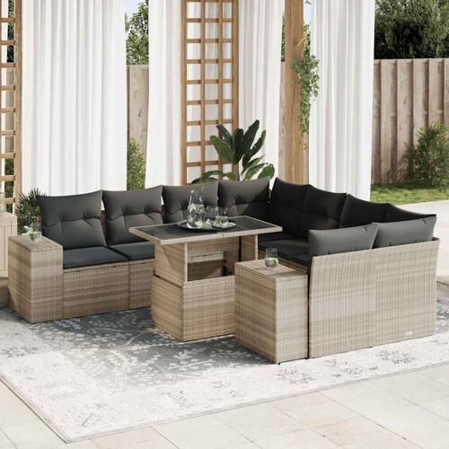 vidaXL 9-dijelni set vrtnih sofa od poliratana s jastucima svjetlosivi