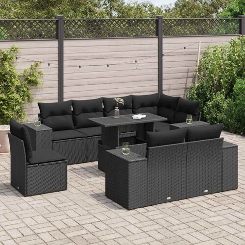 vidaXL 9-dijelni set vrtnih sofa s jastucima crni od poliratana