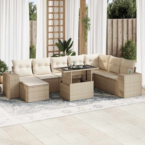 vidaXL 9-dijelni set vrtnih sofa s jastucima bež od poliratana