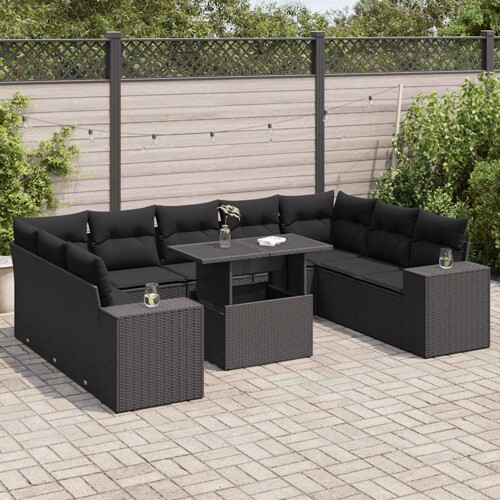 vidaXL 10-dijelni set vrtnih sofa s jastucima crni od poliratana