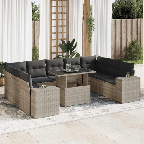 vidaXL 10-dijelni set vrtnih sofa poliratan s jastucima svijetlosivi