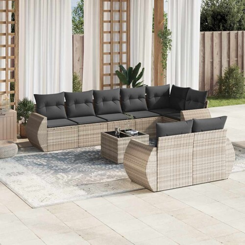 vidaXL 9-dijelni set vrtnih sofa od poliratana s jastucima svjetlosivi