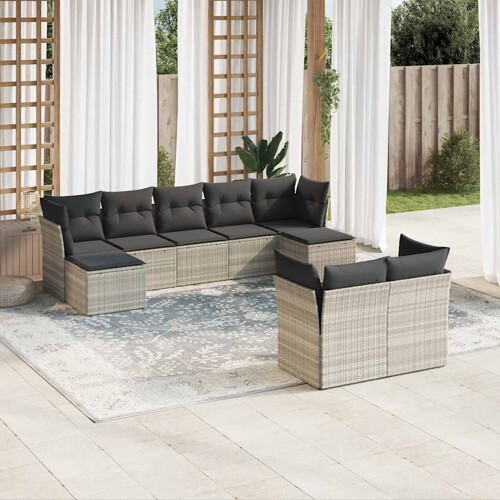 vidaXL 9-dijelni set vrtnih sofa od poliratana s jastucima svjetlosivi