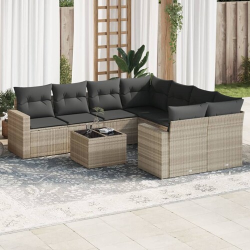 vidaXL 9-dijelni set vrtnih sofa od poliratana s jastucima svjetlosivi