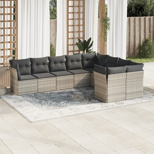 vidaXL 9-dijelni set vrtnih sofa od poliratana s jastucima svjetlosivi