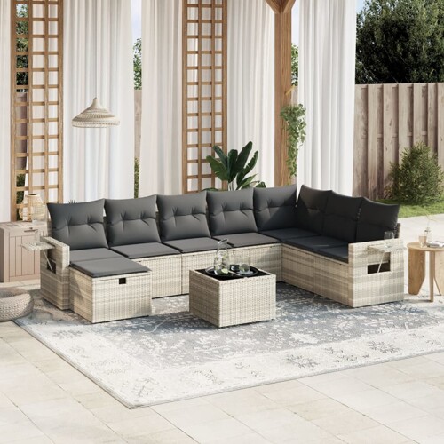 vidaXL 9-dijelni set vrtnih sofa od poliratana s jastucima svjetlosivi