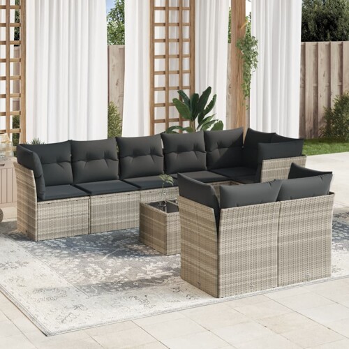 vidaXL 9-dijelni set vrtnih sofa od poliratana s jastucima svjetlosivi