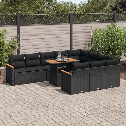 vidaXL 11-dijelni set vrtnih sofa poliratan i bagrem s jastucima crni
