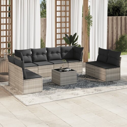 vidaXL 9-dijelni set vrtnih sofa od poliratana s jastucima svjetlosivi